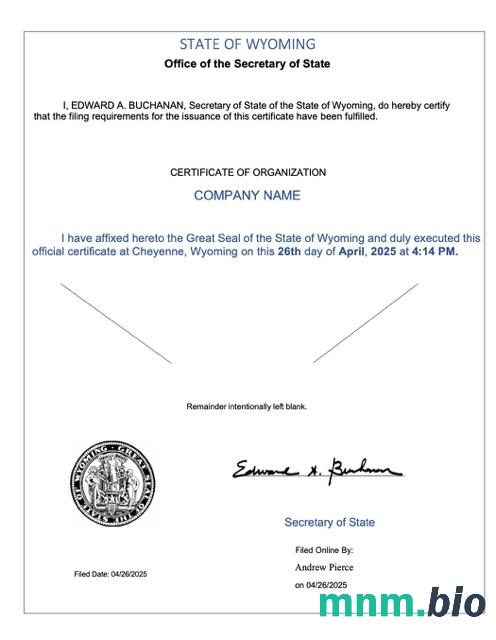USA Wyoming vcertyfikat of organization Word i szablon PDF